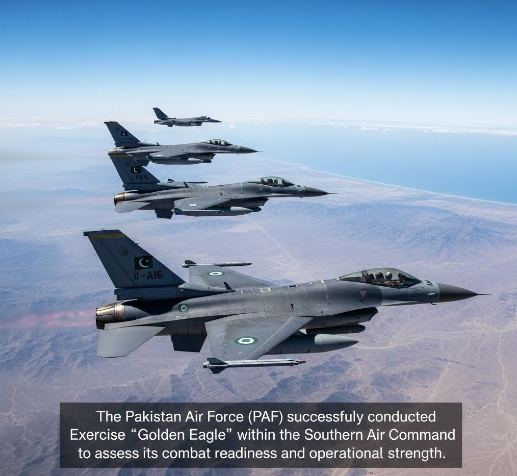 The Pakistan Air Fo_rce (PAF) successfully conducted Exercise “Golden Eagle” within the Southern Air Command to assess its combat readiness and operational strength.